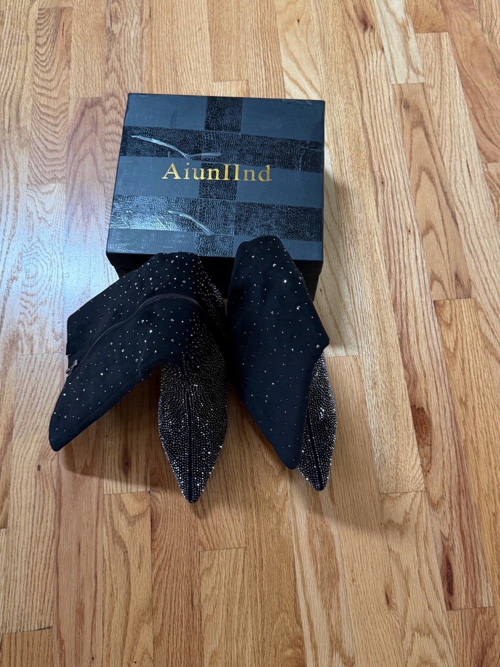 Black Suede Pointed Toe Heeled Boots with Rhinestone Detailing